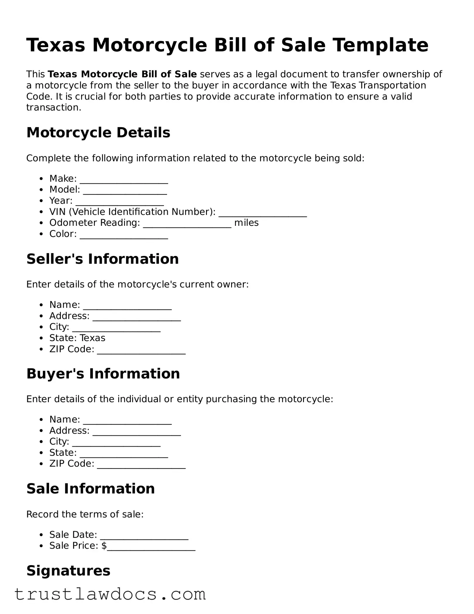 Free  Motorcycle Bill of Sale Form for Texas