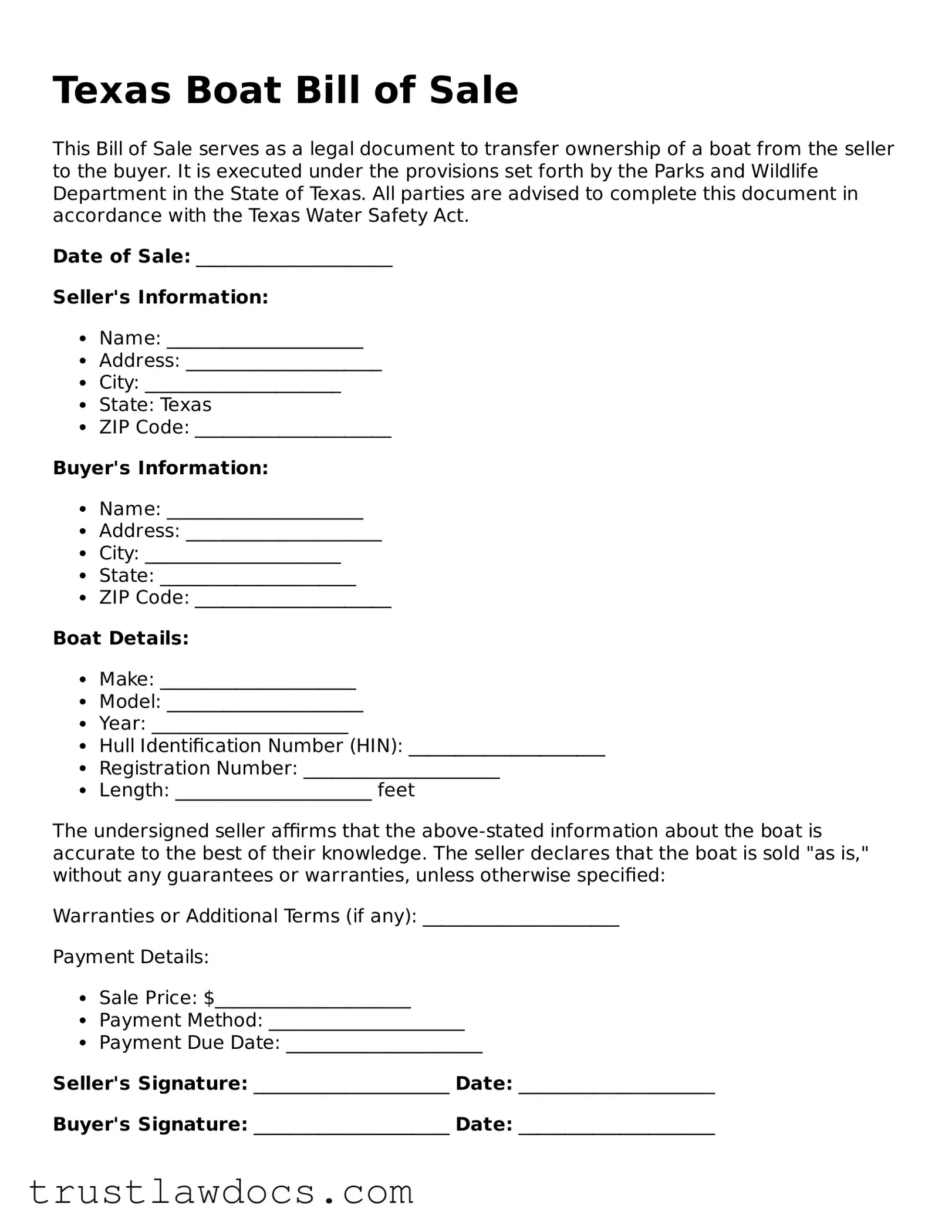 Free  Boat Bill of Sale Form for Texas