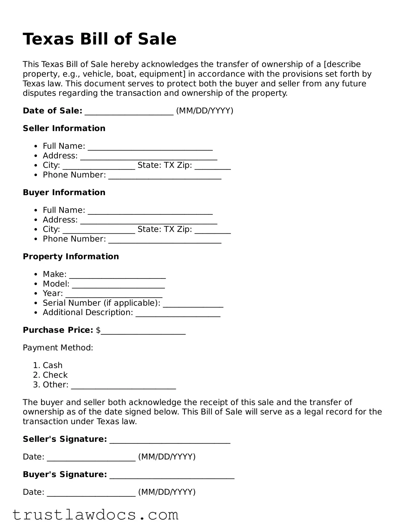 Free  Bill of Sale Form for Texas