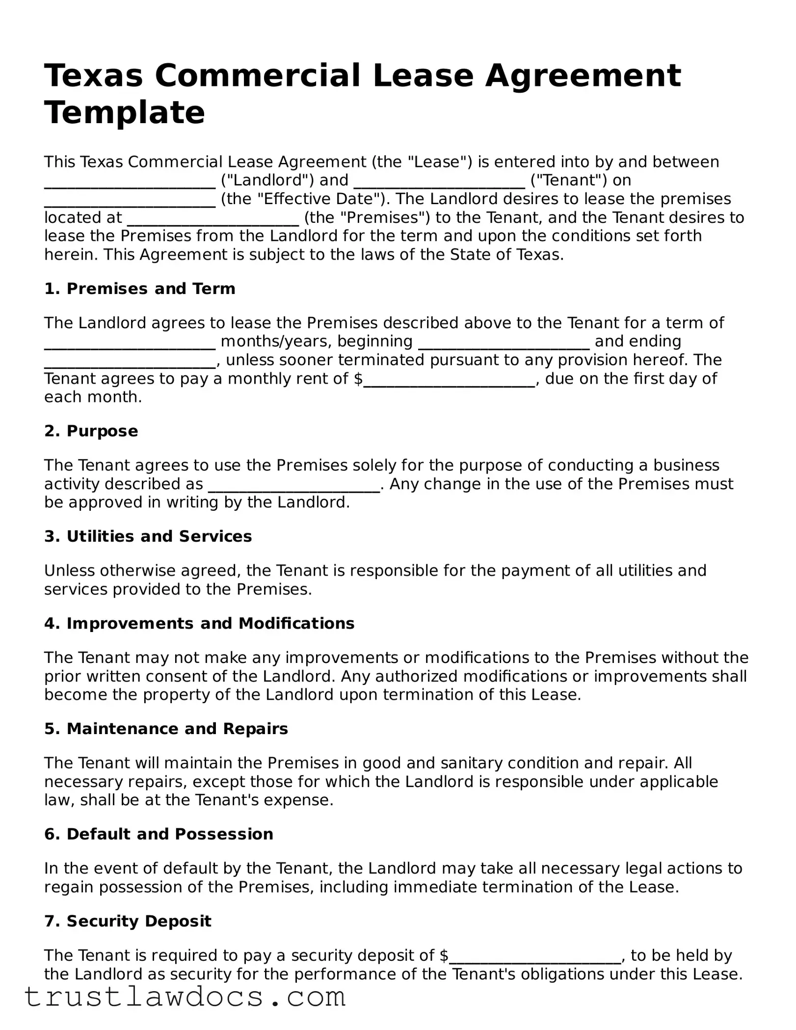 Free  Commercial Lease Agreement Form for Texas
