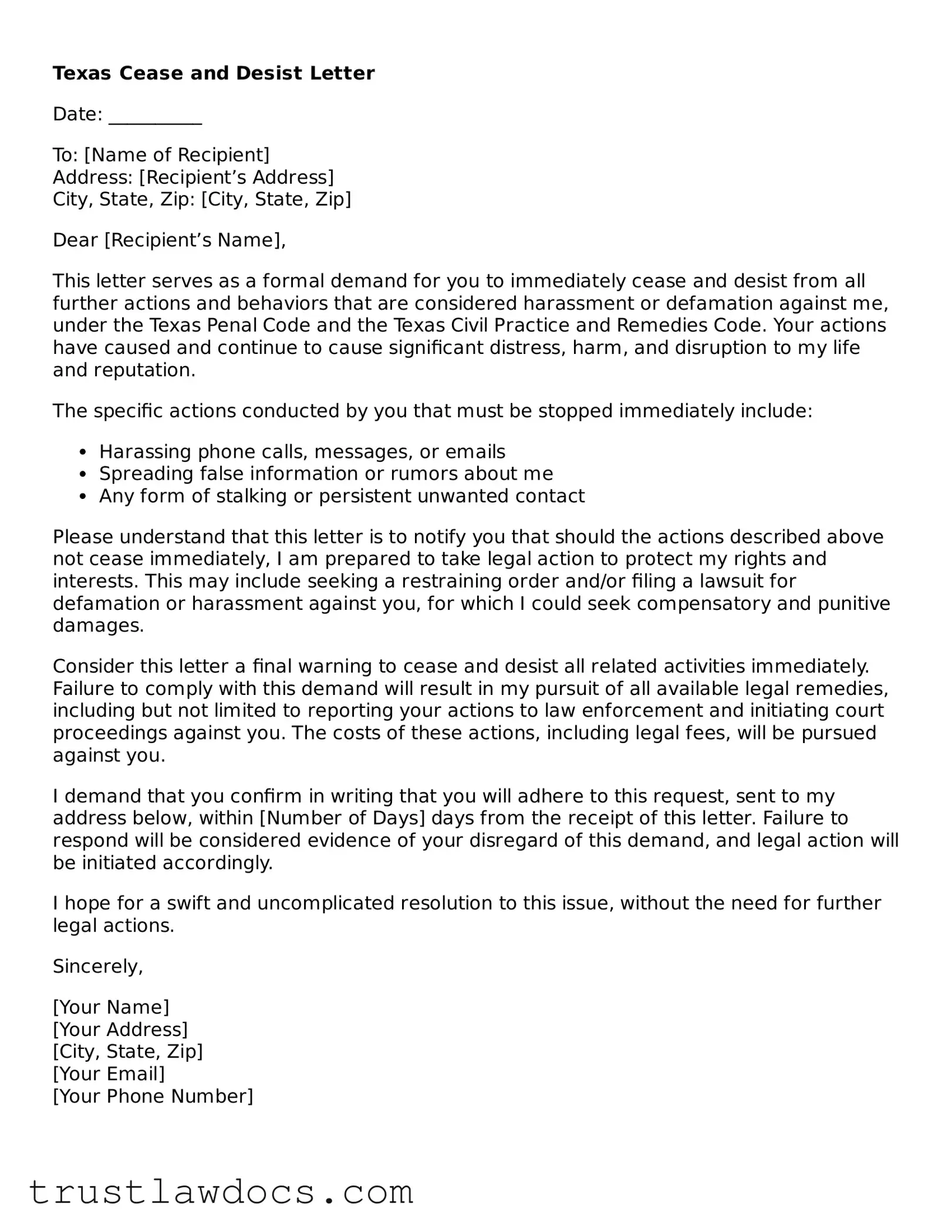 Free  Cease and Desist Letter Form for Texas