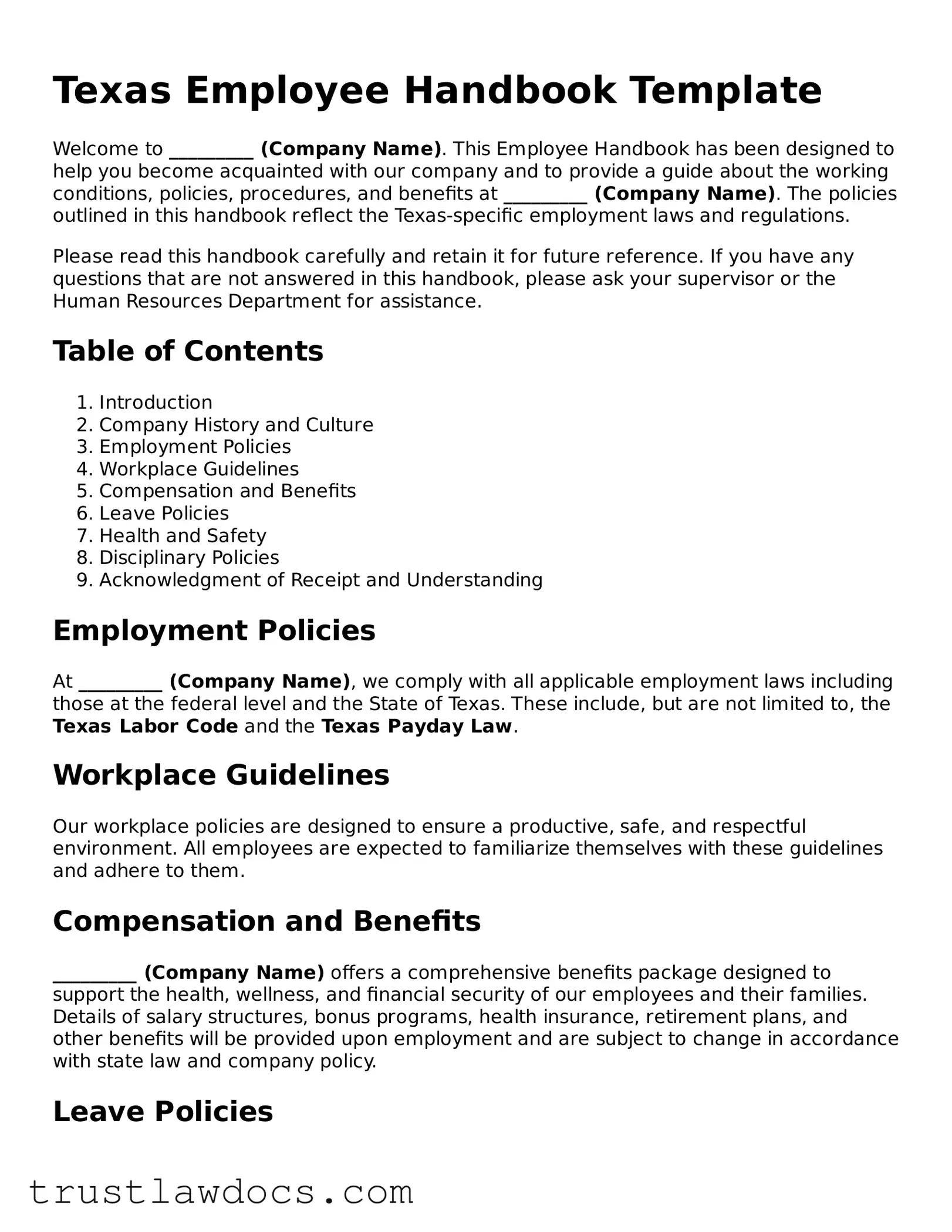Free  Employee Handbook Form for Texas
