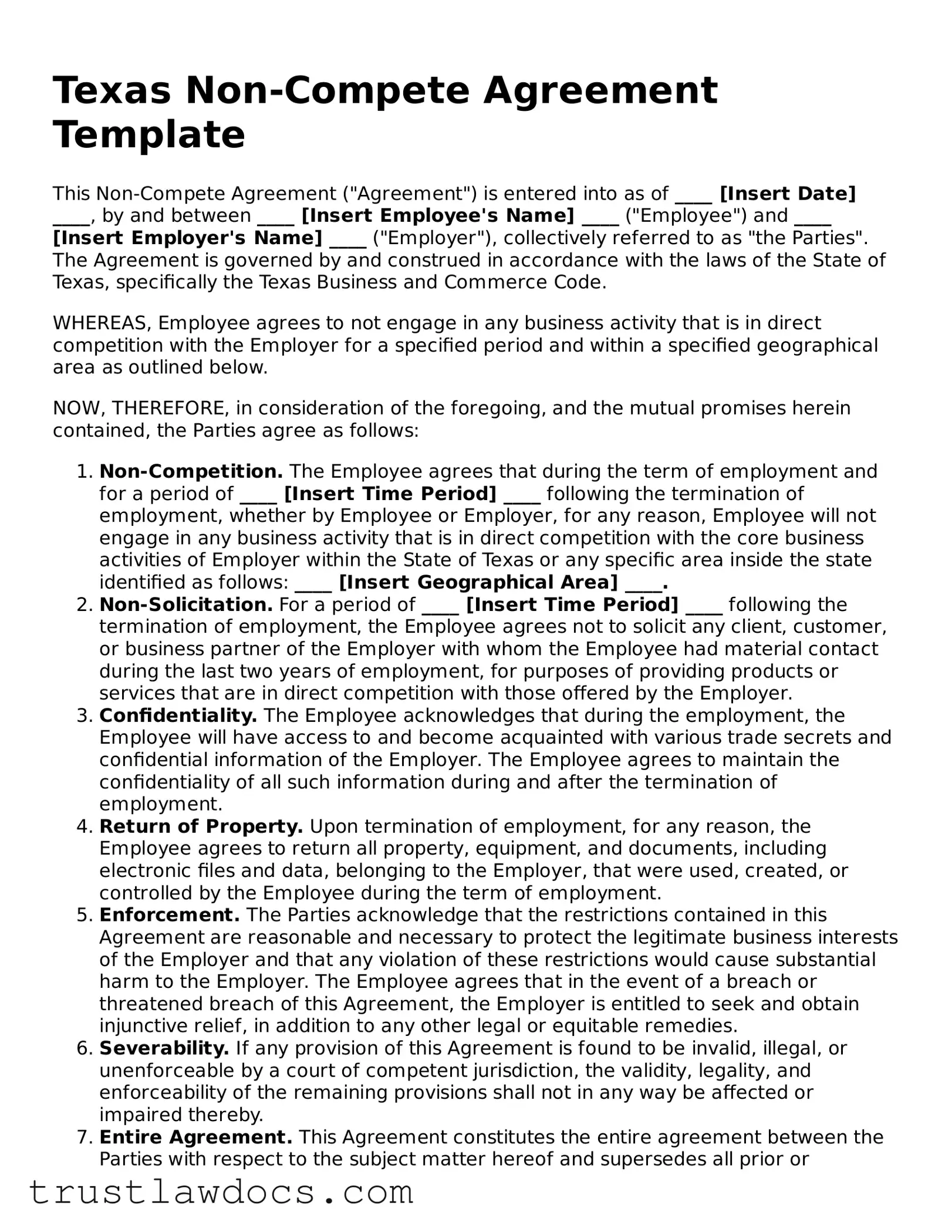 Free  Non-compete Agreement Form for Texas