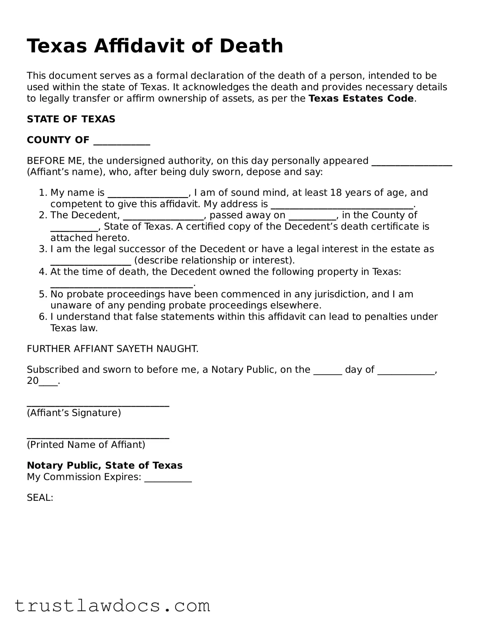 Free  Affidavit of Death Form for Texas