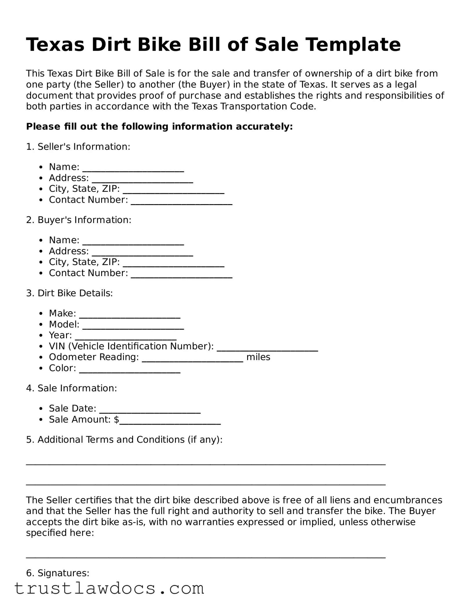 Free  Dirt Bike Bill of Sale Form for Texas