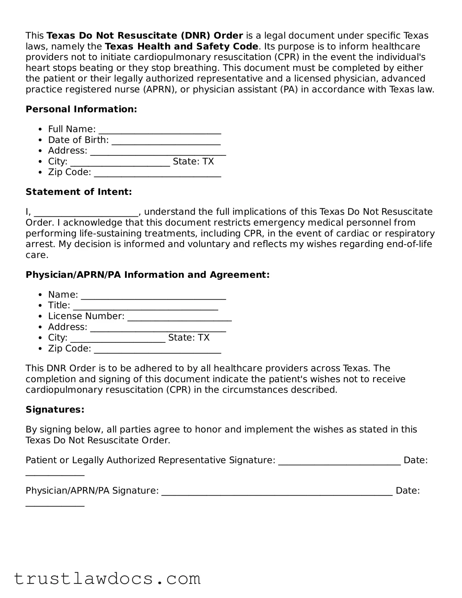 Free  Do Not Resuscitate Order Form for Texas