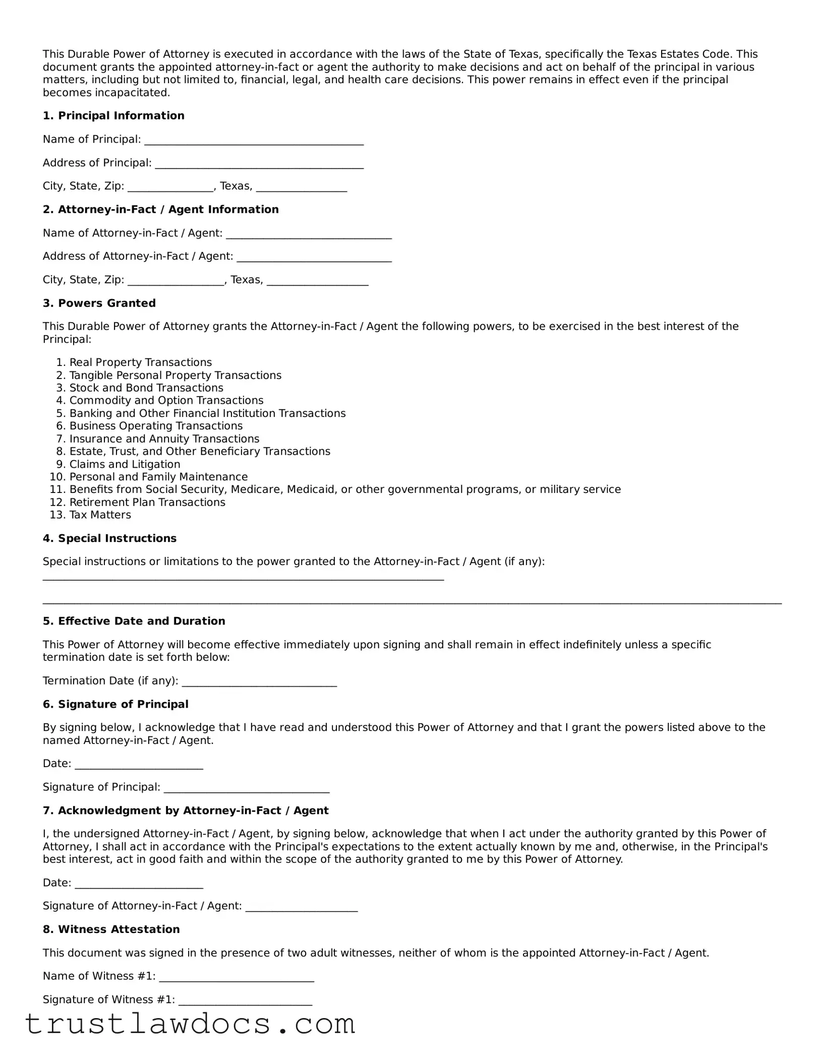 Free  Durable Power of Attorney Form for Texas