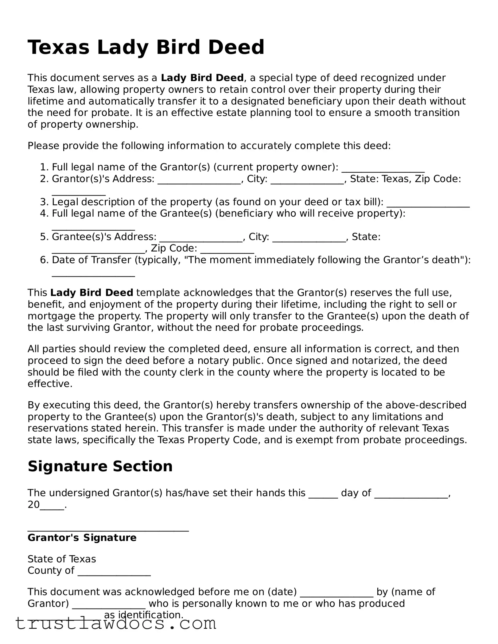 Free  Lady Bird Deed Form for Texas