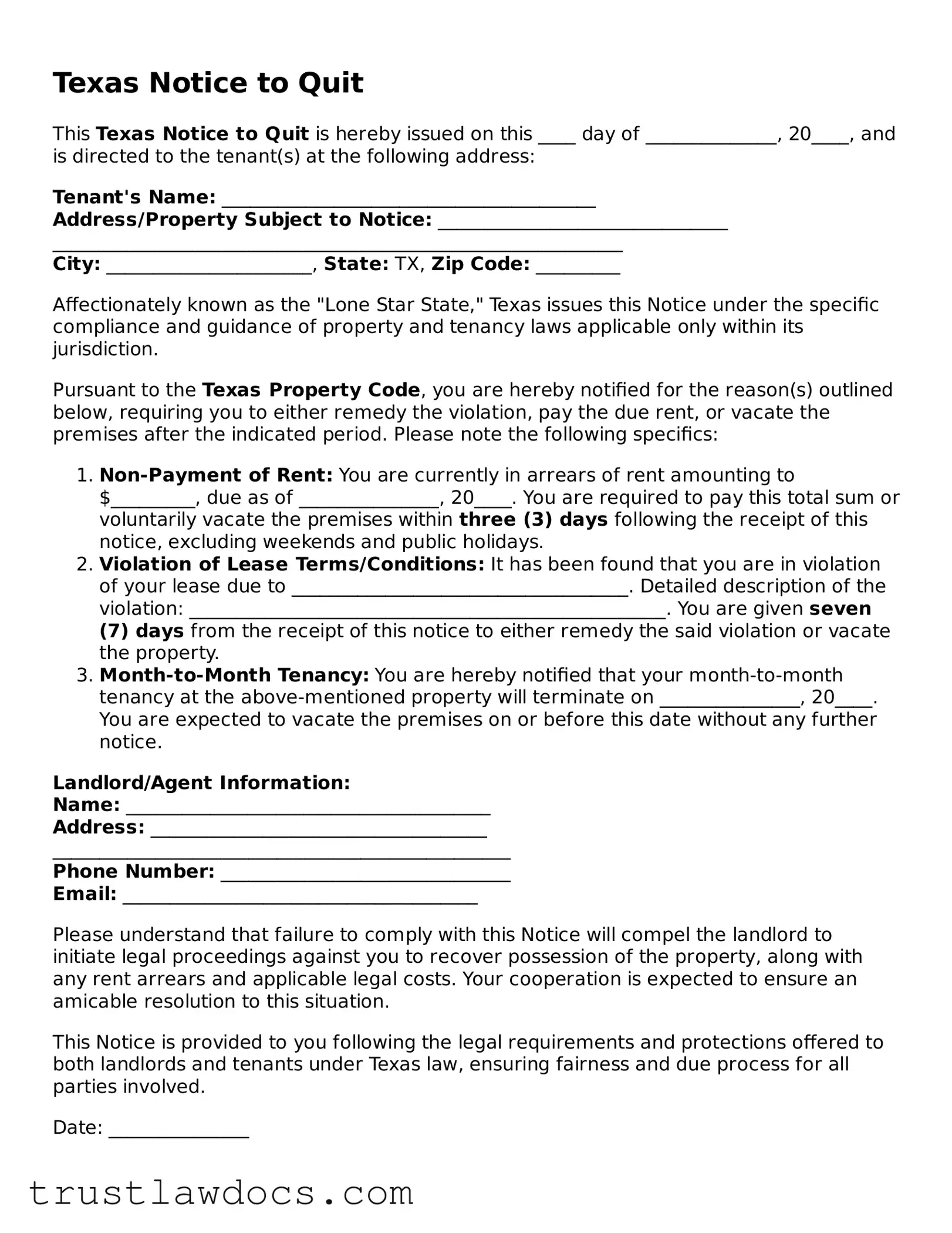 Free  Notice to Quit Form for Texas