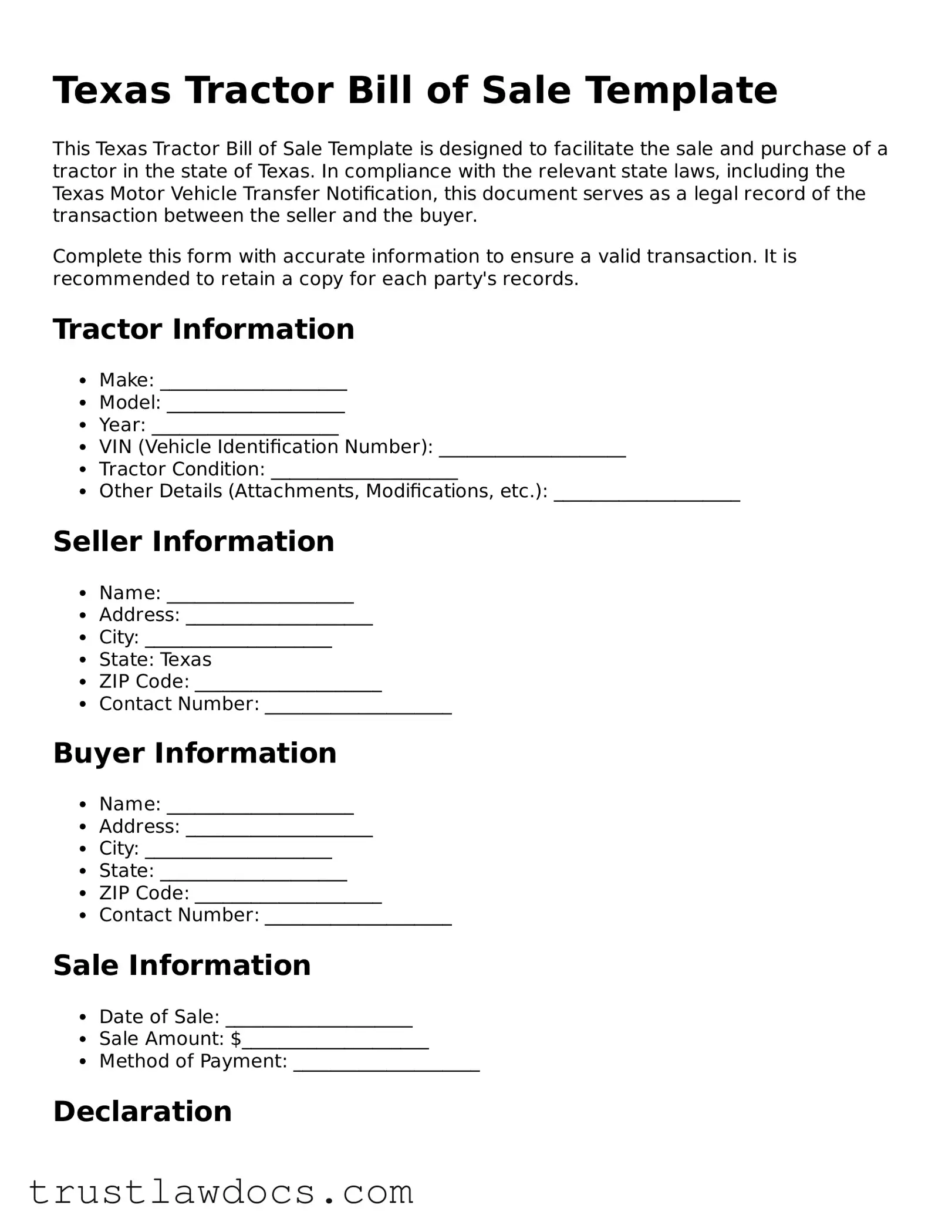 Free  Tractor Bill of Sale Form for Texas