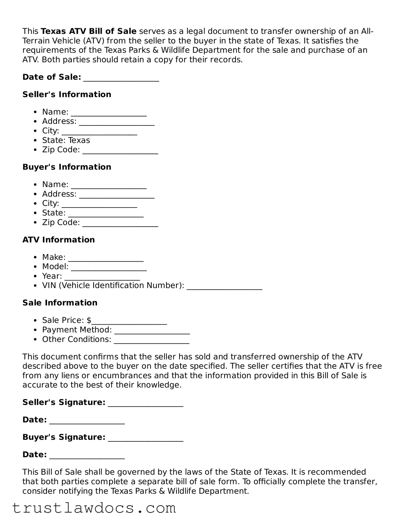 Free  ATV Bill of Sale Form for Texas
