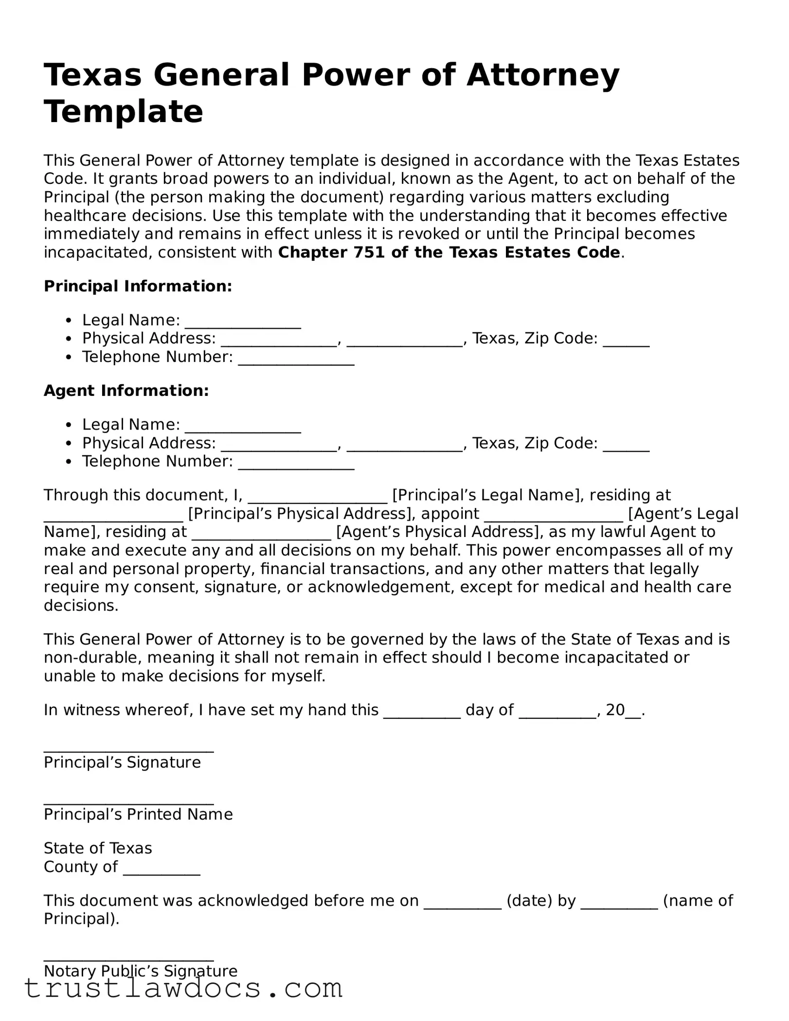 Free  General Power of Attorney Form for Texas