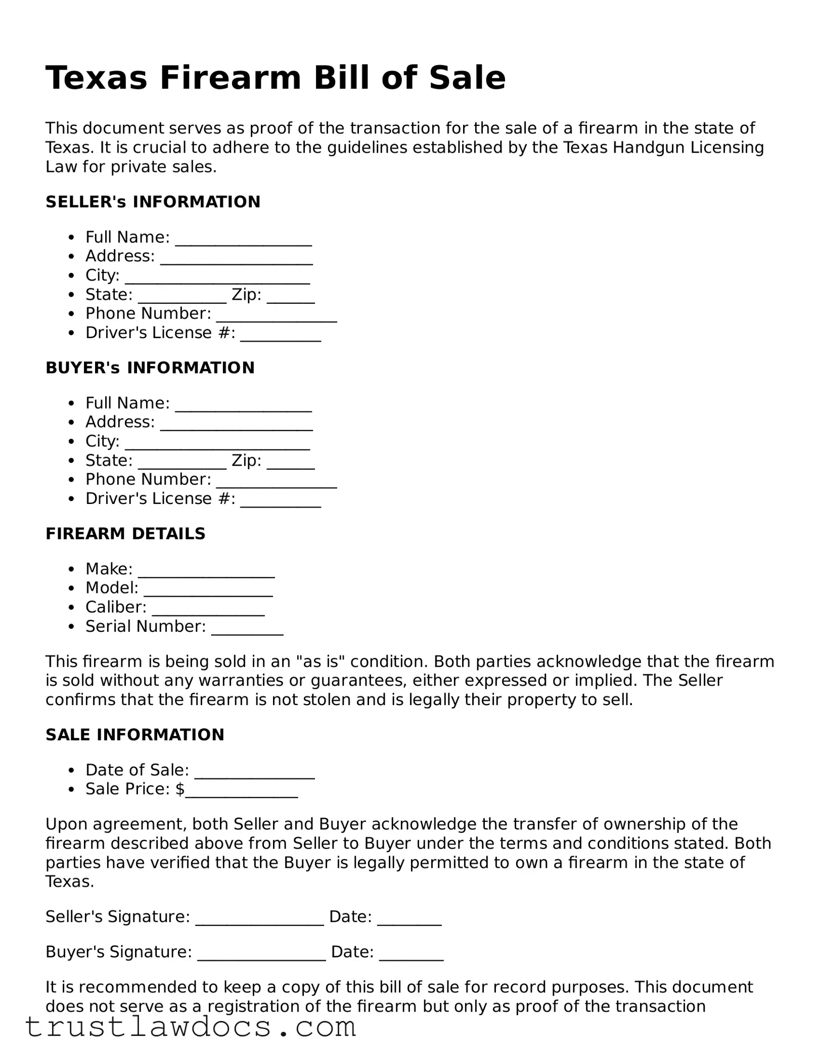 Free  Firearm Bill of Sale Form for Texas
