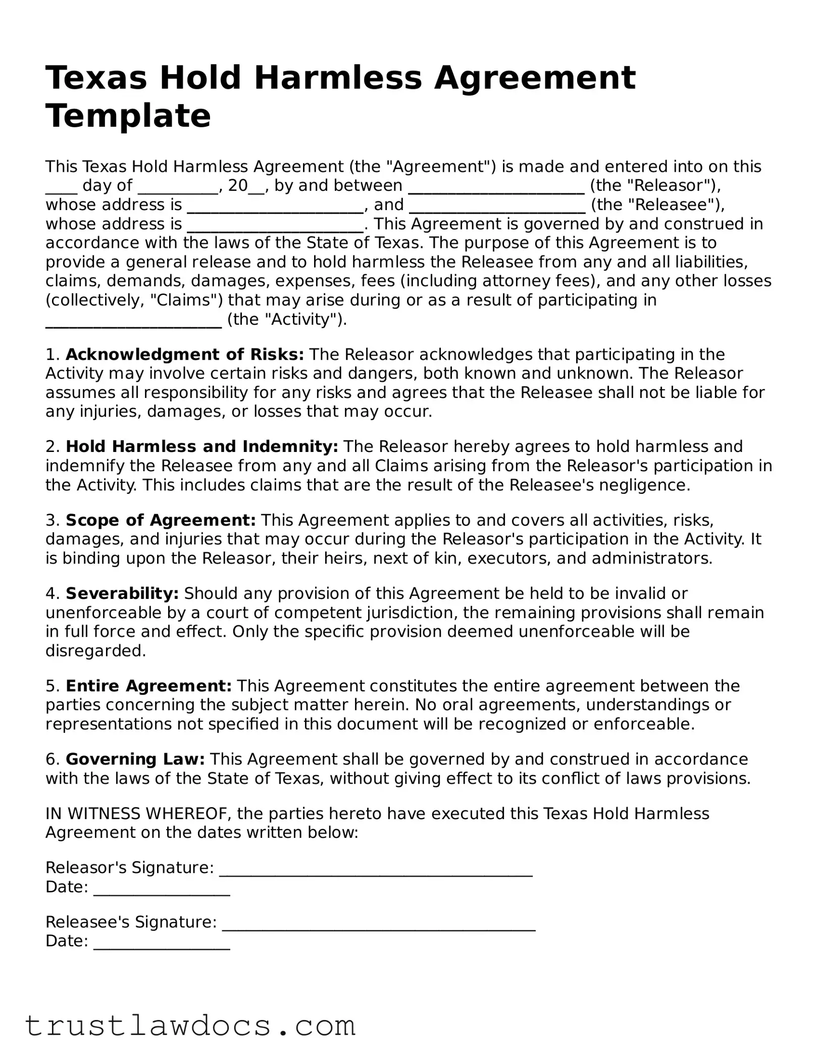 Free  Hold Harmless Agreement Form for Texas