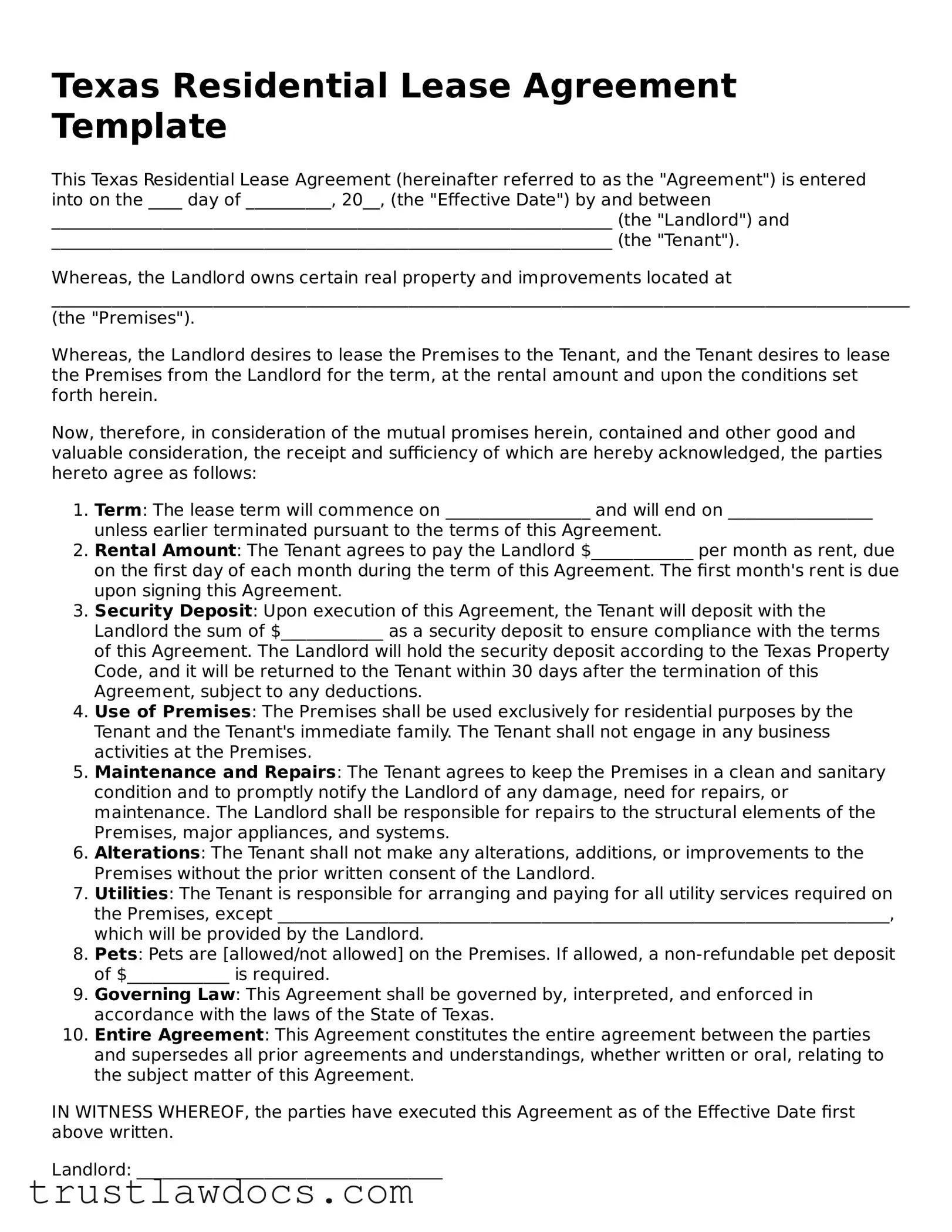 Free  Residential Lease Agreement Form for Texas