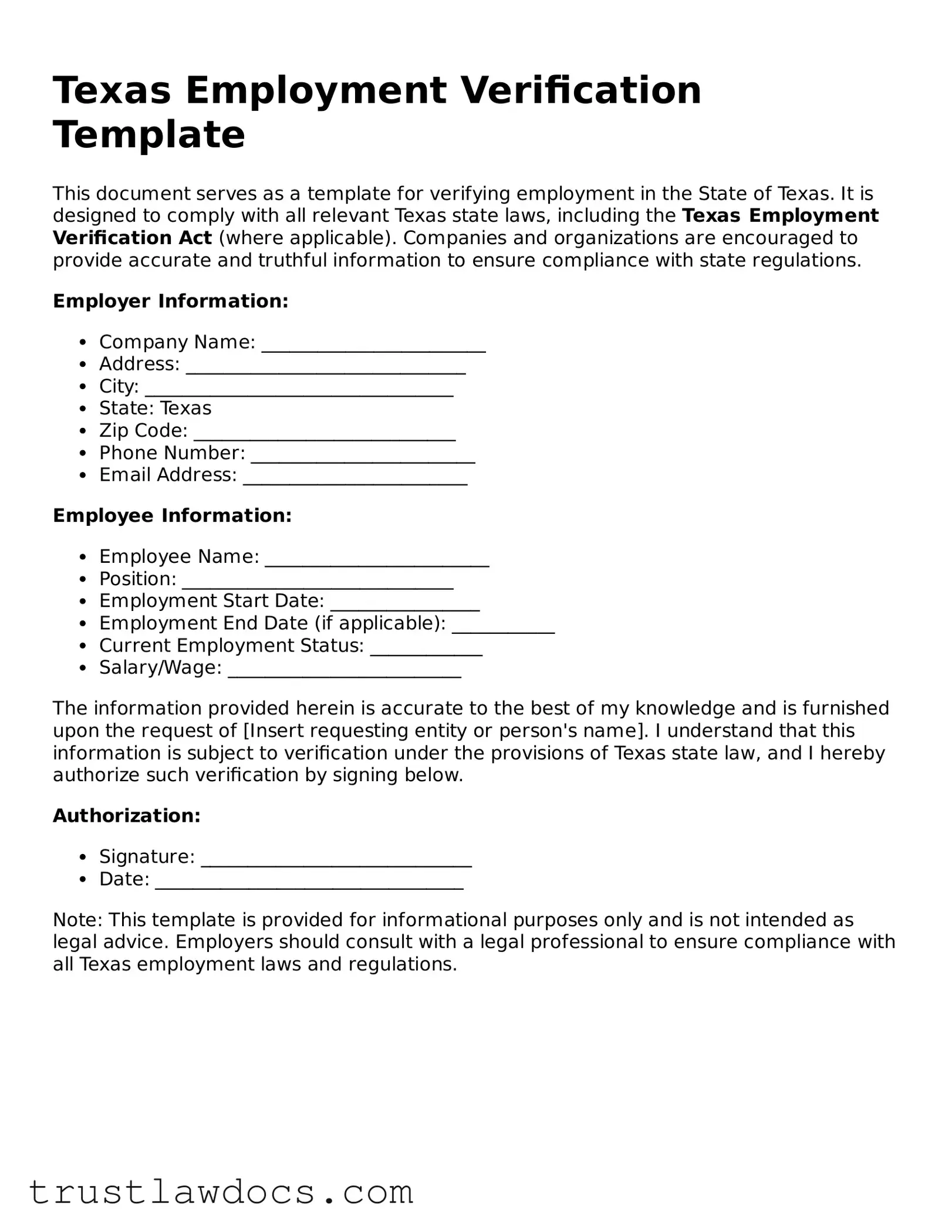 Free  Employment Verification Form for Texas