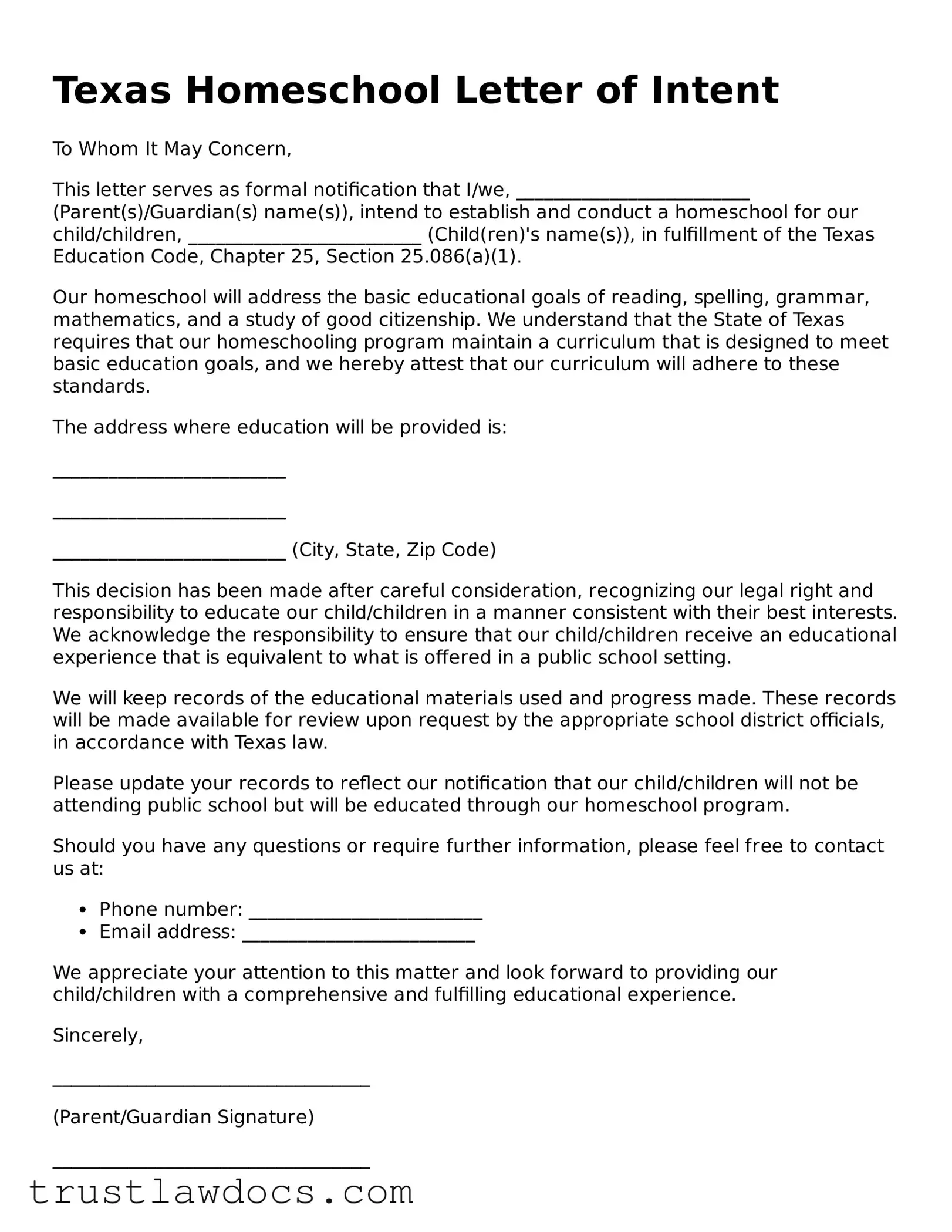 Free  Homeschool Letter of Intent Form for Texas