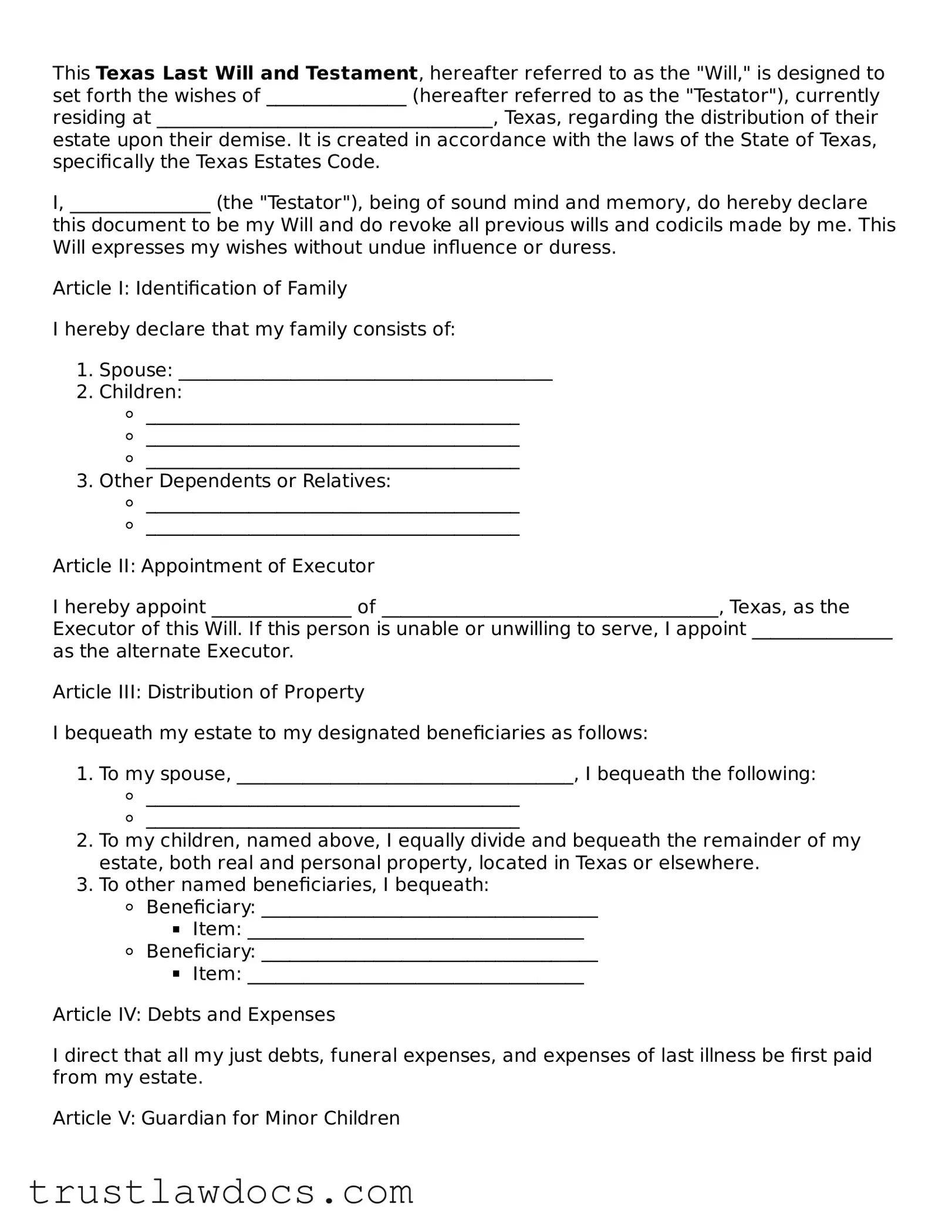 Free  Last Will and Testament Form for Texas