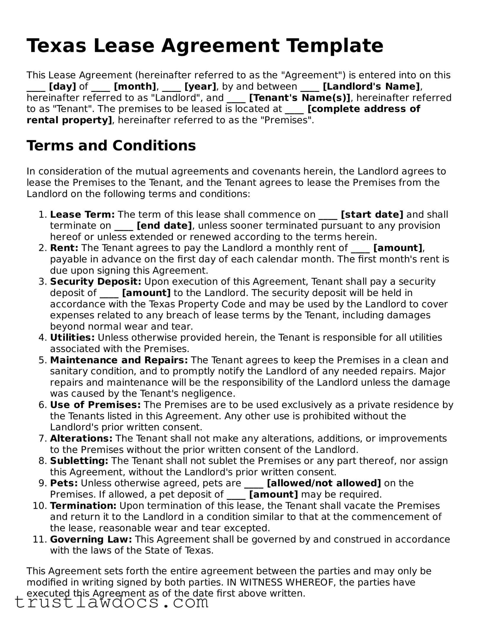 Free  Lease Agreement Form for Texas