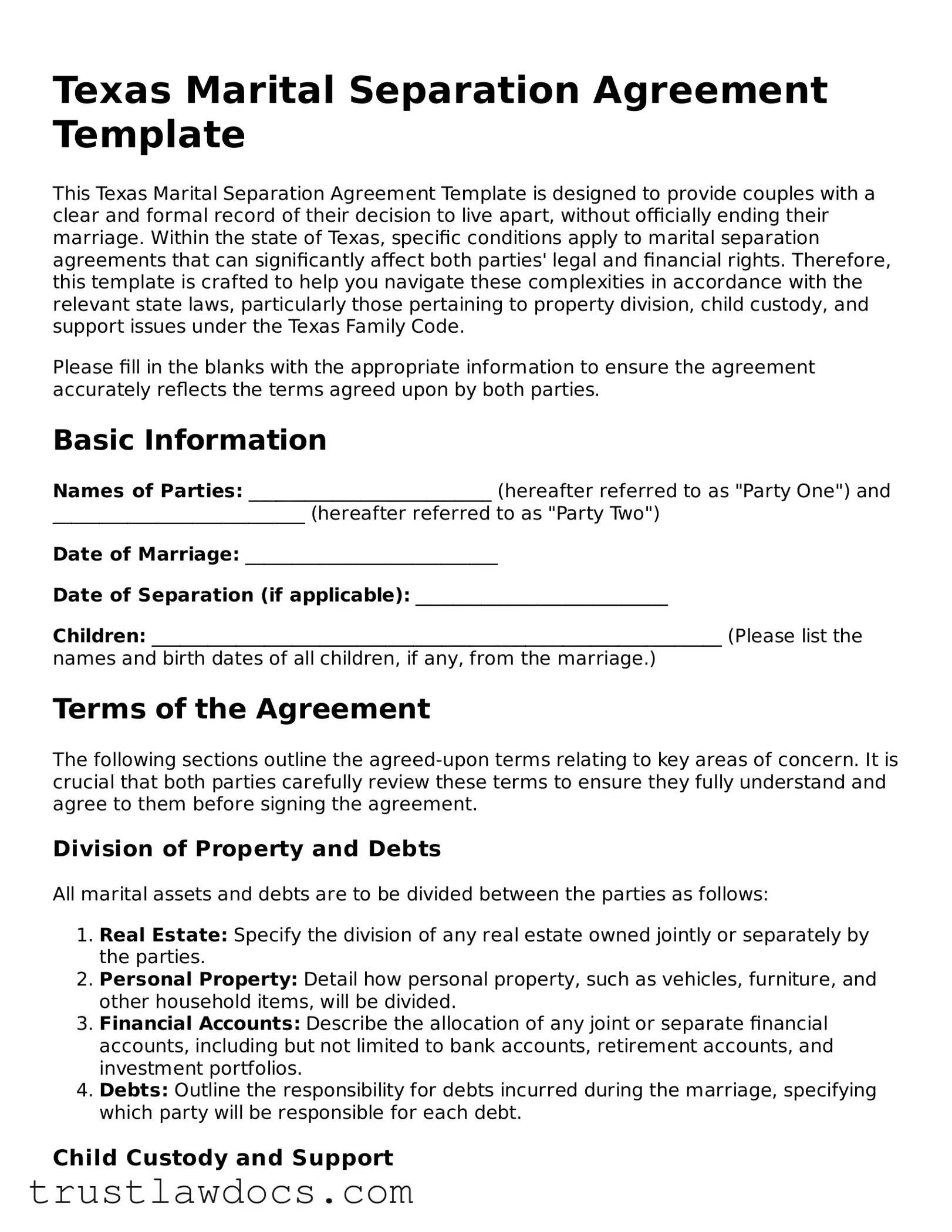Free  Marital Separation Agreement Form for Texas