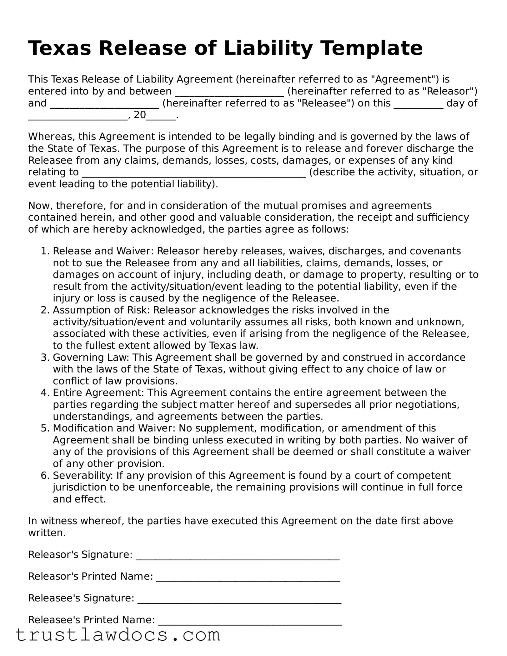 Free  Release of Liability Form for Texas