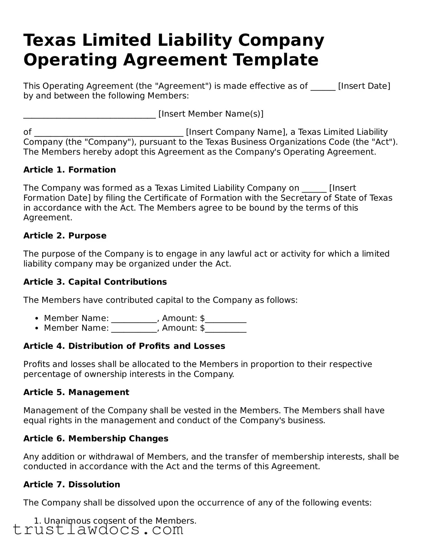 Free  Operating Agreement Form for Texas