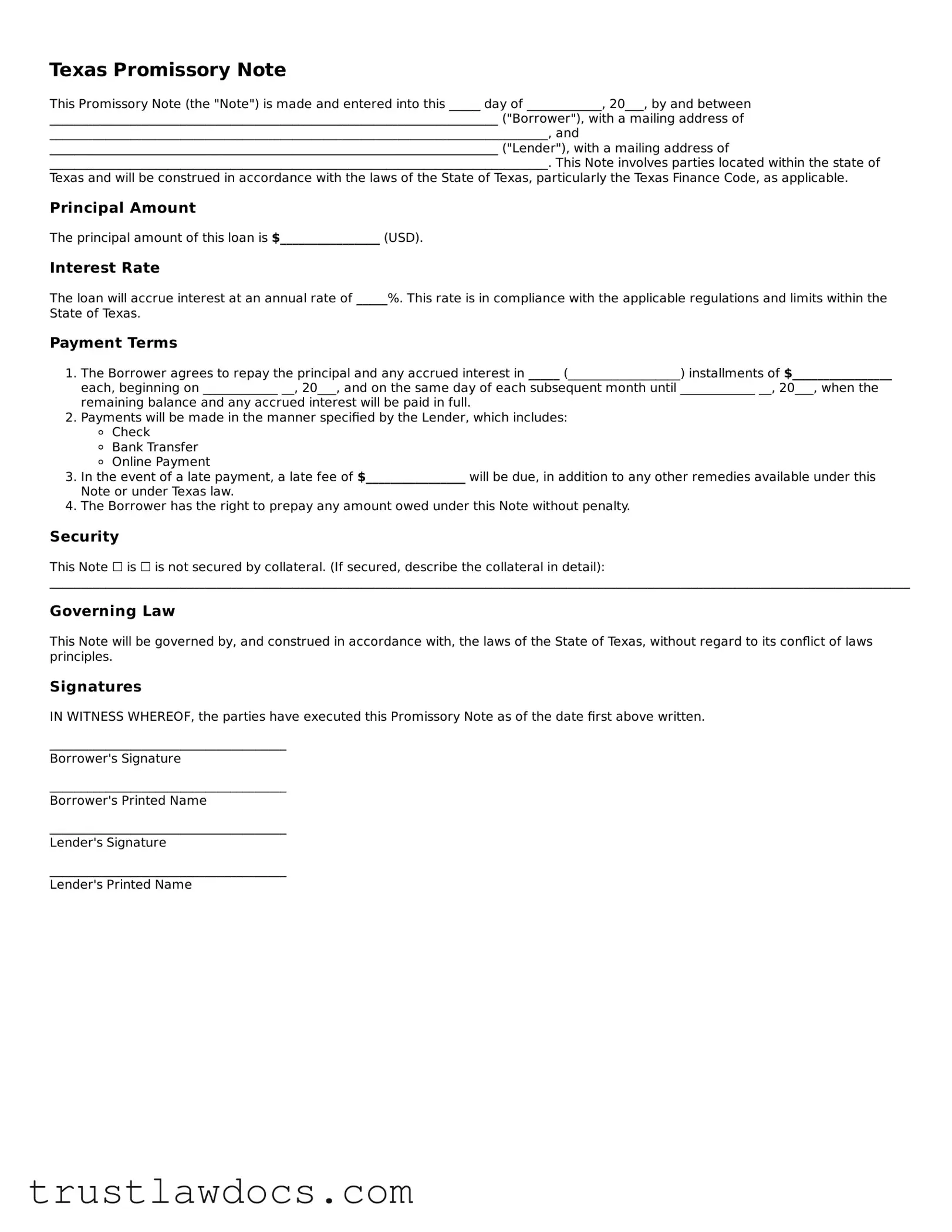 Free  Promissory Note Form for Texas