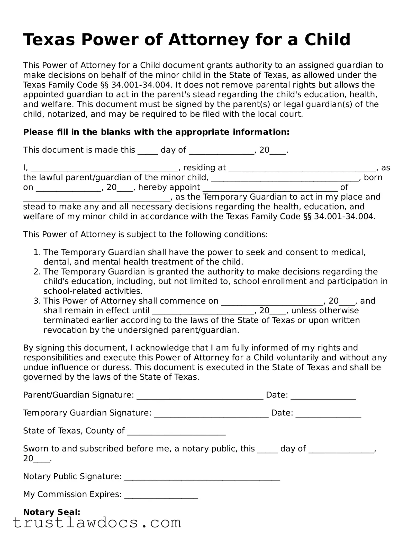 Free  Power of Attorney for a Child Form for Texas