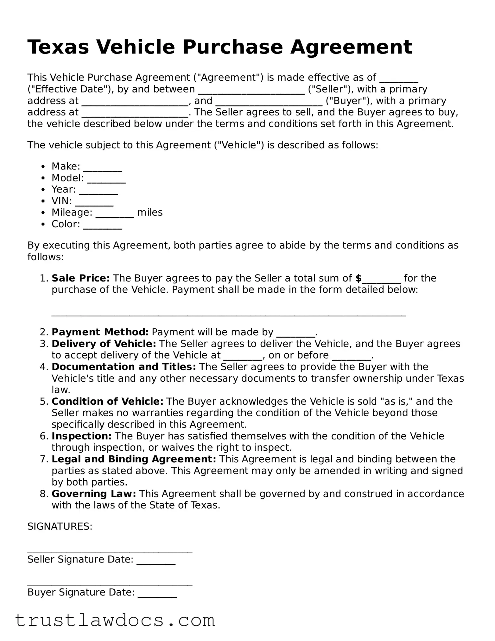 Free  Vehicle Purchase Agreement Form for Texas