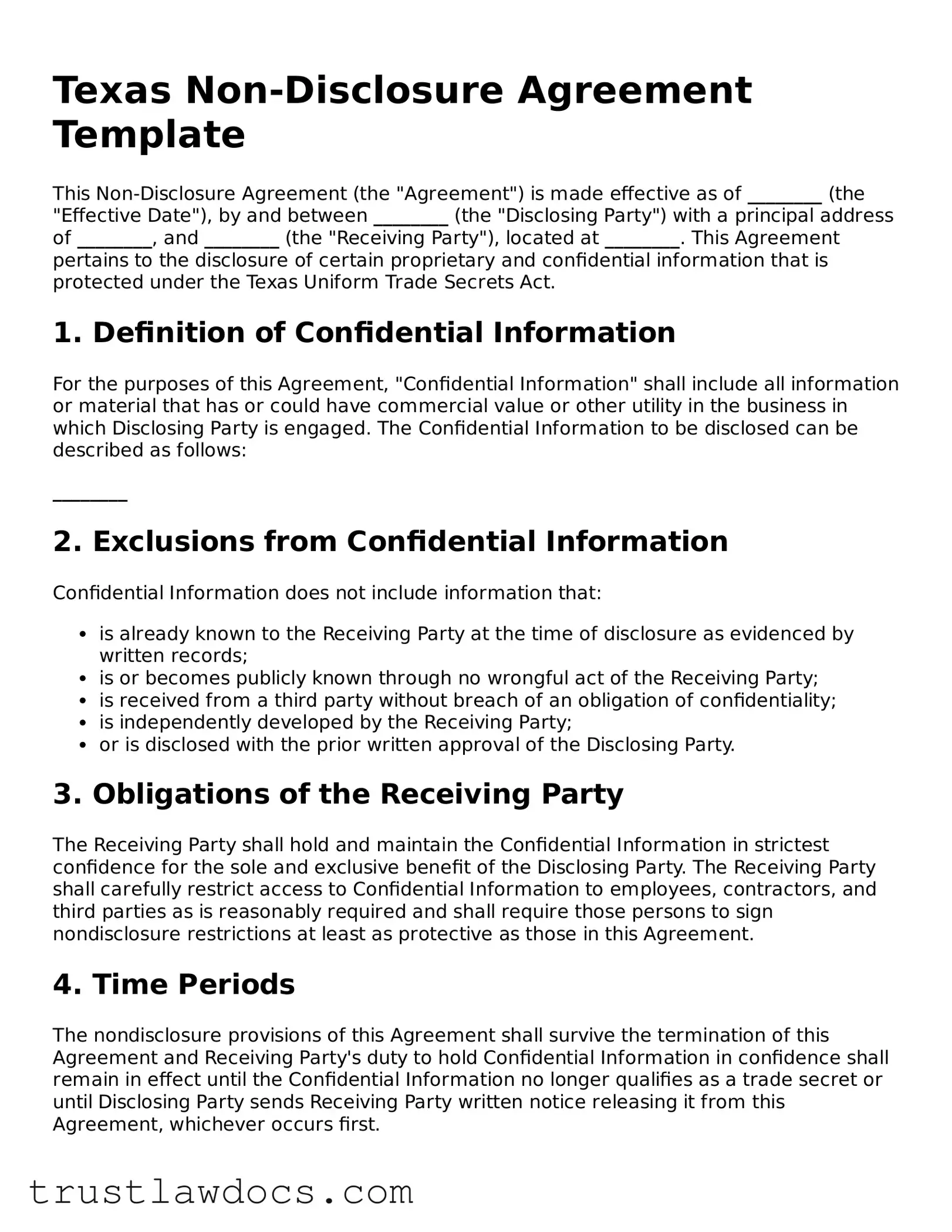 Free  Non-disclosure Agreement Form for Texas