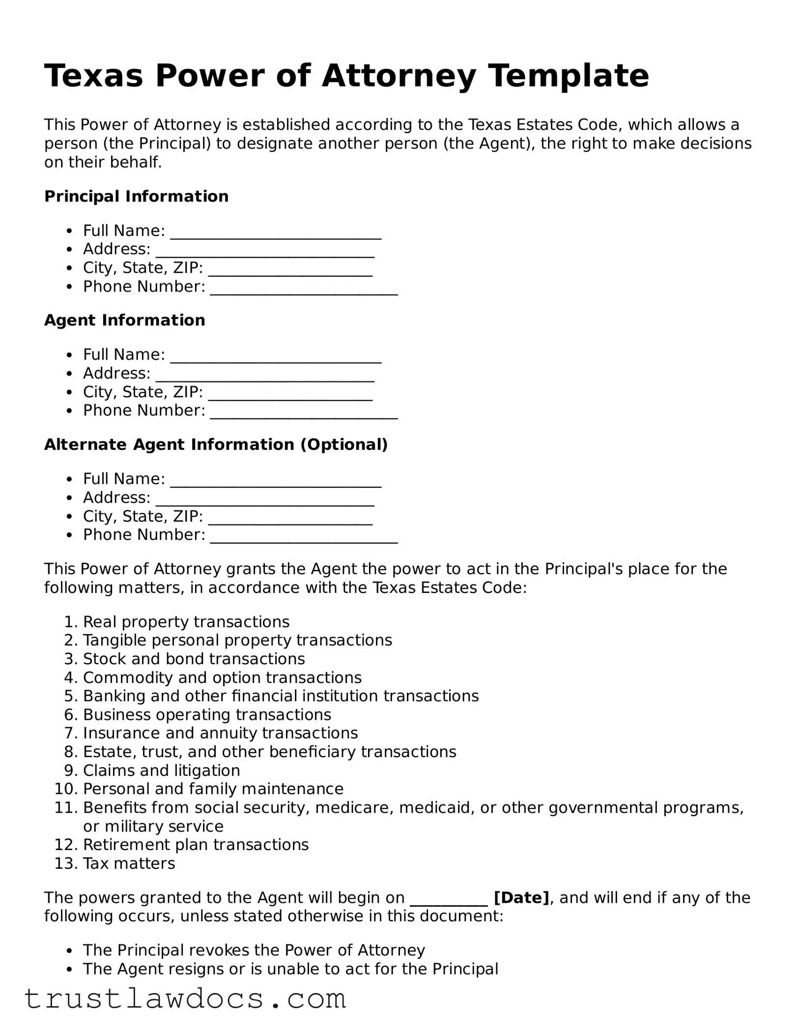 Free  Power of Attorney Form for Texas