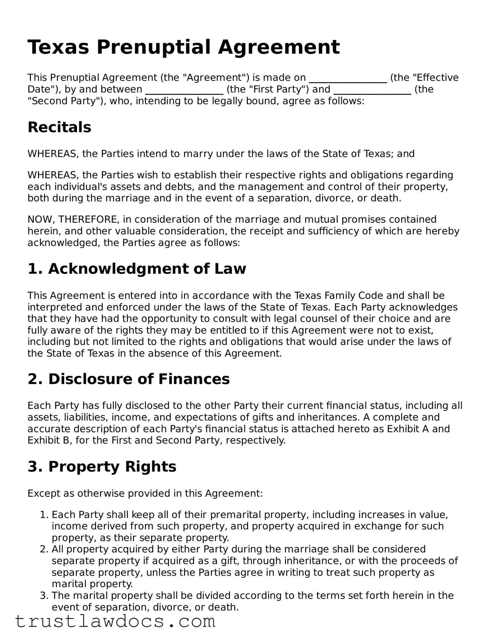 Free  Prenuptial Agreement Form for Texas