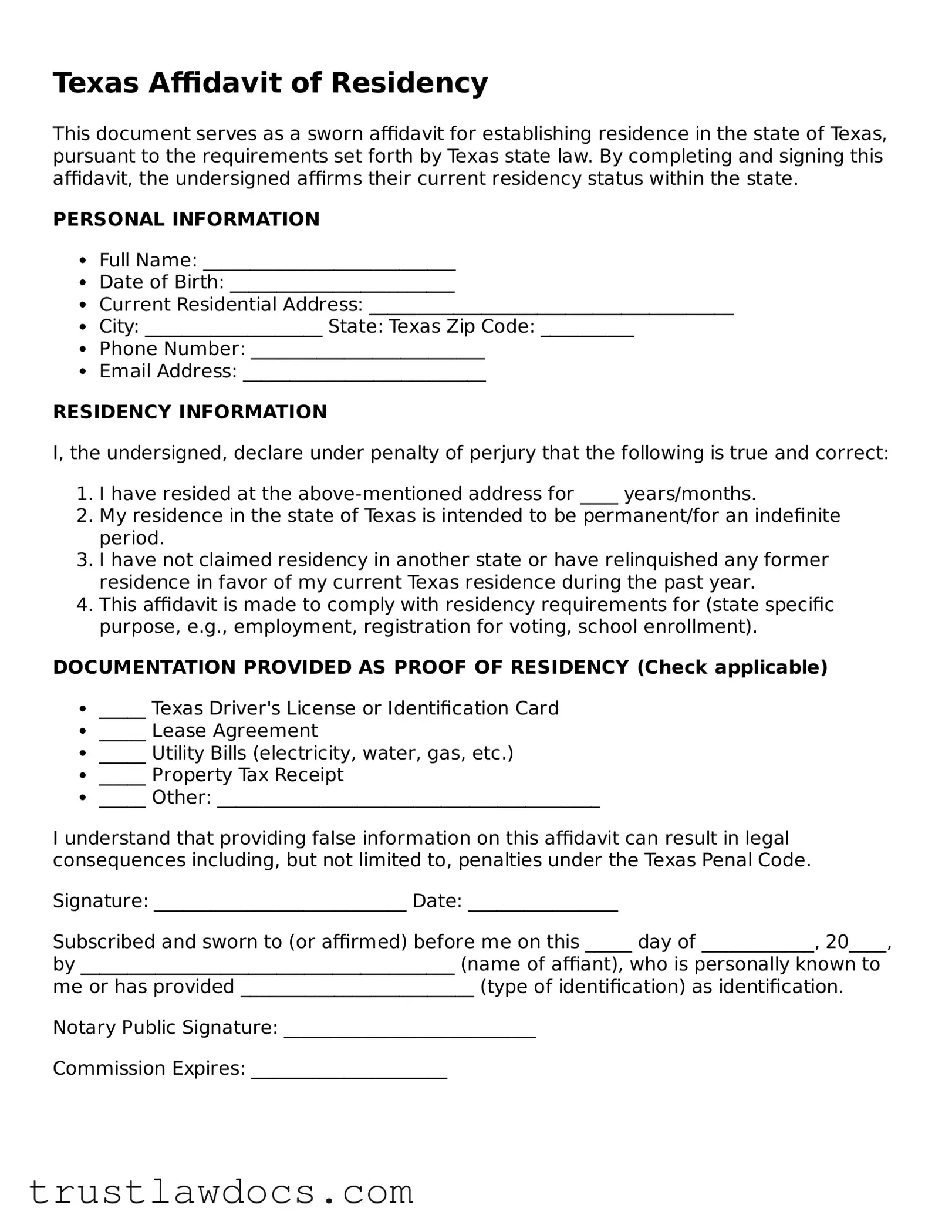 Free  Affidavit of Residency Form for Texas