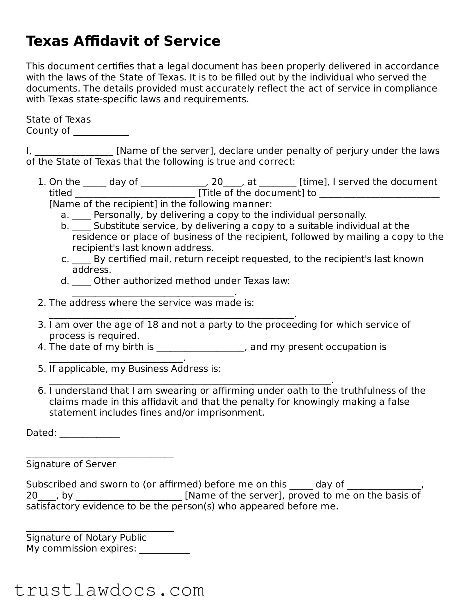 Free  Affidavit of Service Form for Texas