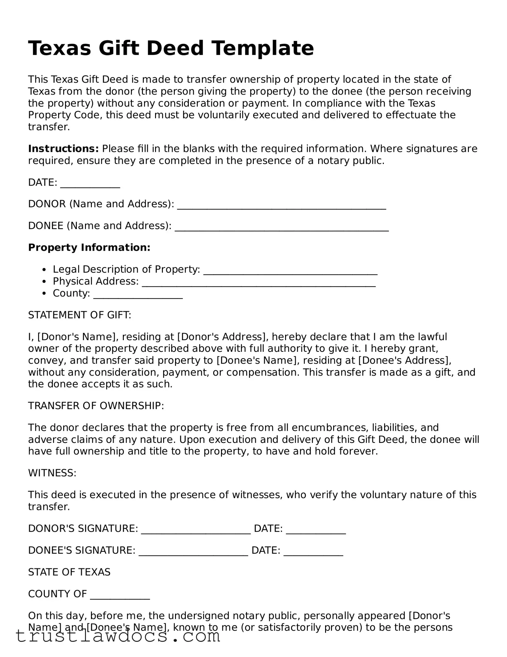 Free  Gift Deed Form for Texas