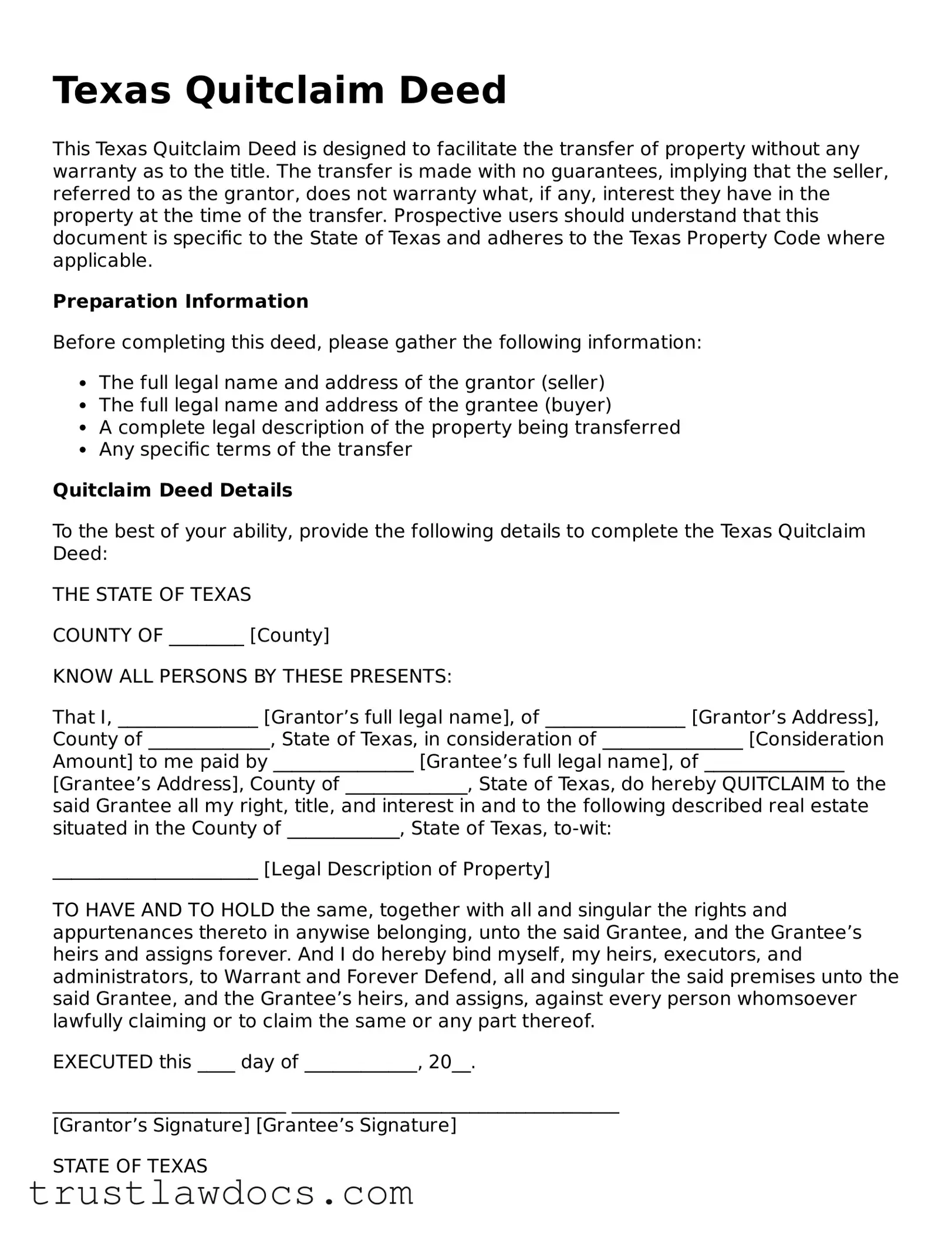 Free  Quitclaim Deed Form for Texas