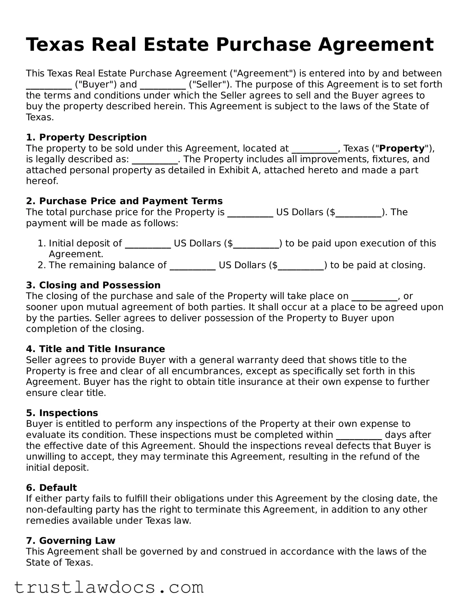 Free  Real Estate Purchase Agreement Form for Texas
