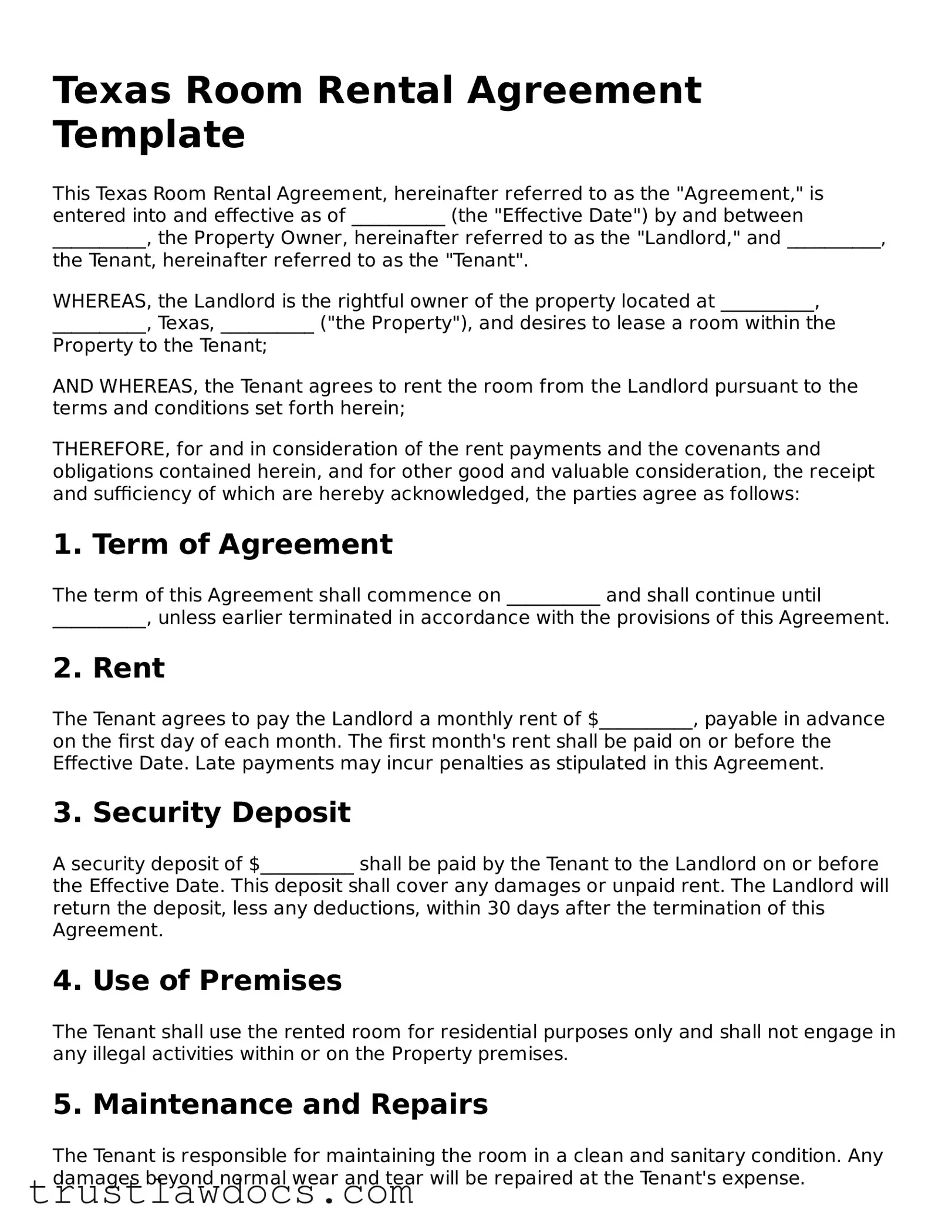 Free  Room Rental Agreement Form for Texas