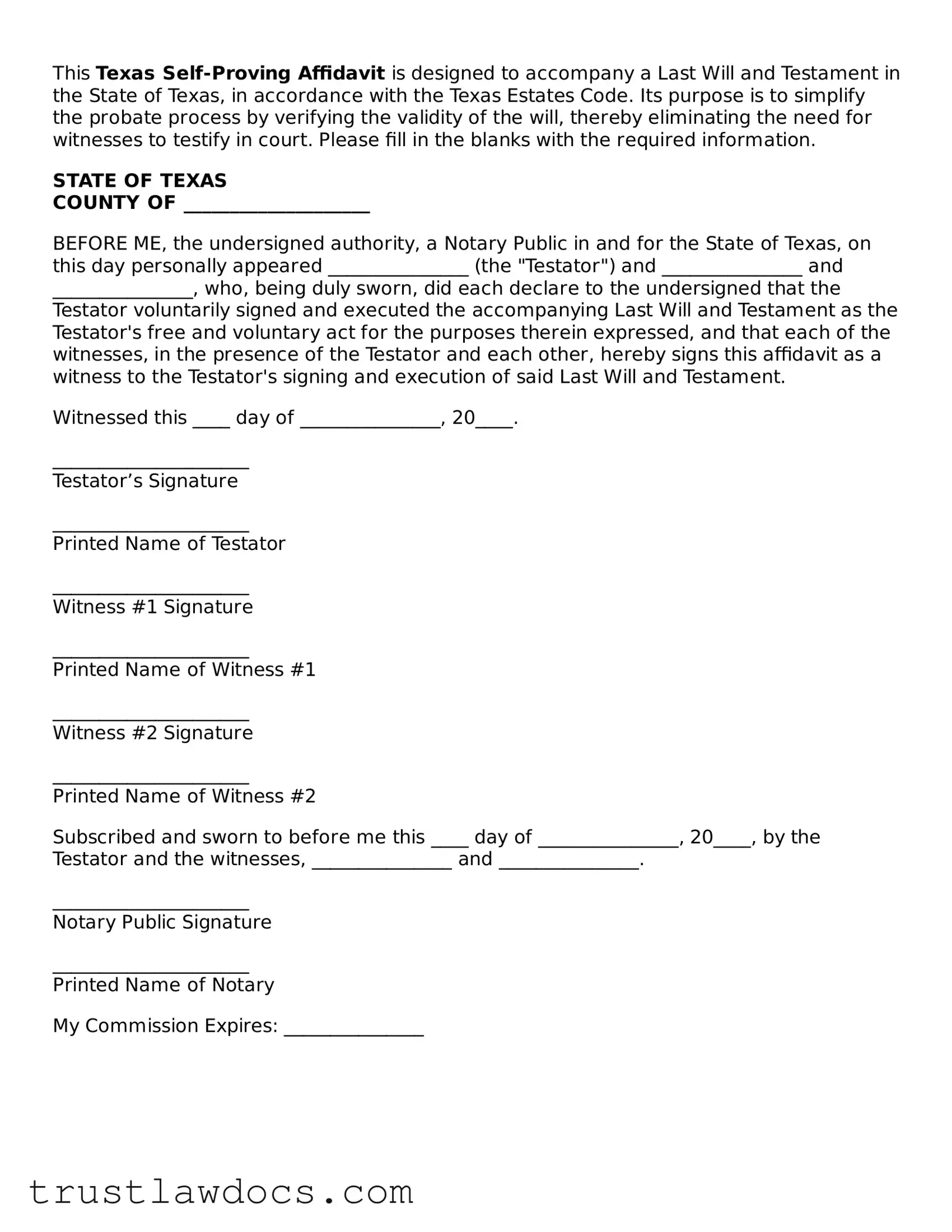 Free  Self-Proving Affidavit Form for Texas