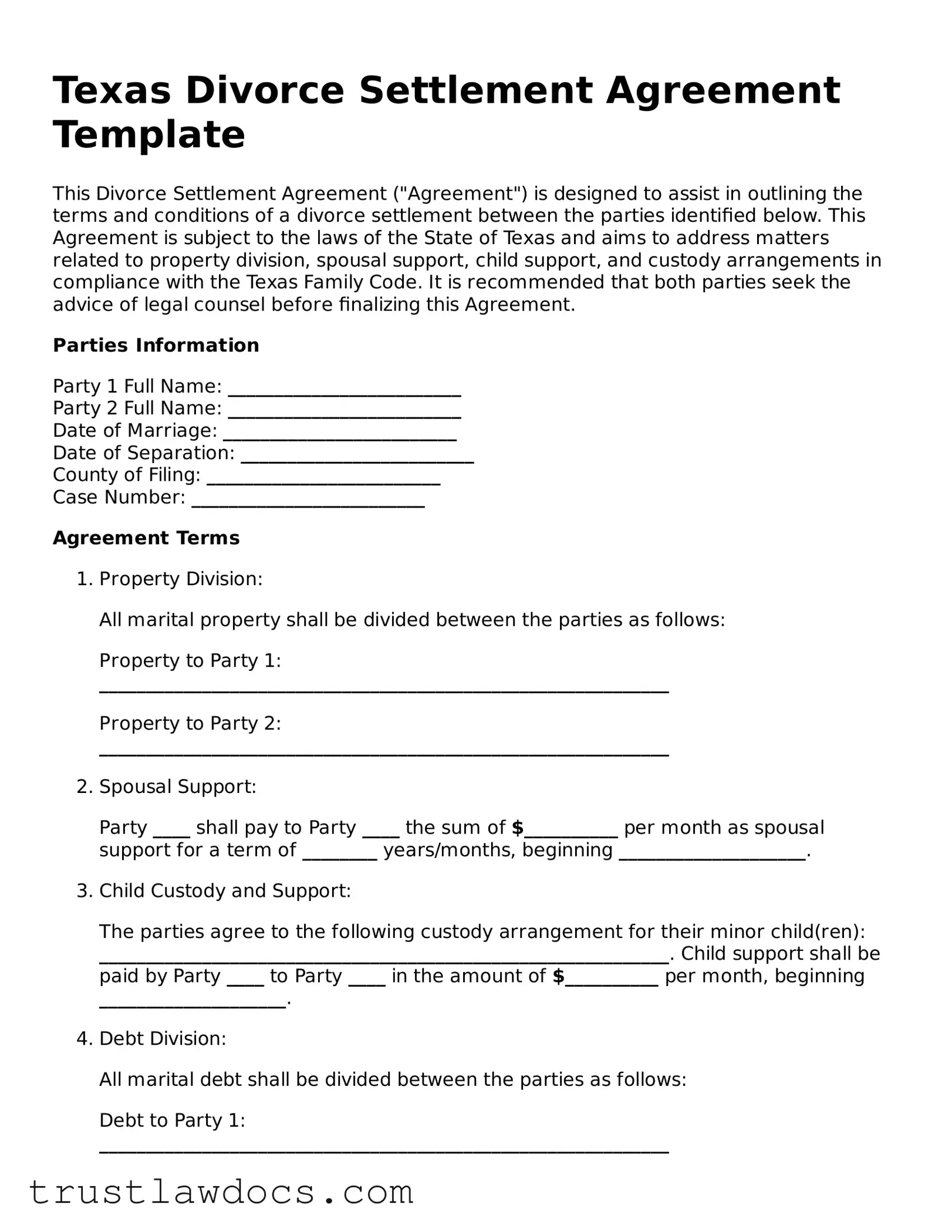 Free  Divorce Settlement Agreement Form for Texas