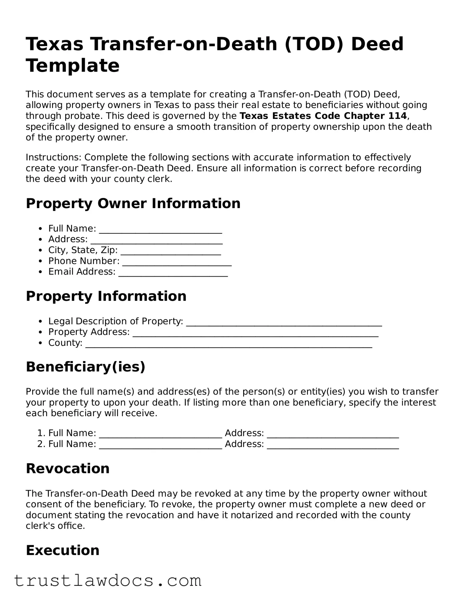 Free  Transfer-on-Death Deed Form for Texas