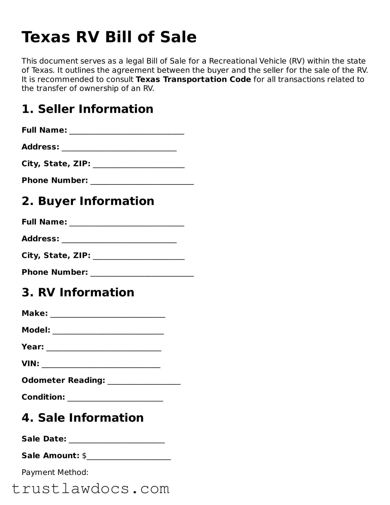 Free  RV Bill of Sale Form for Texas