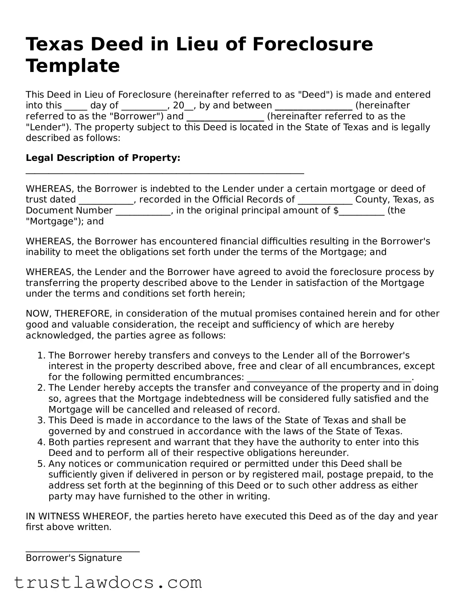 Free  Deed in Lieu of Foreclosure Form for Texas