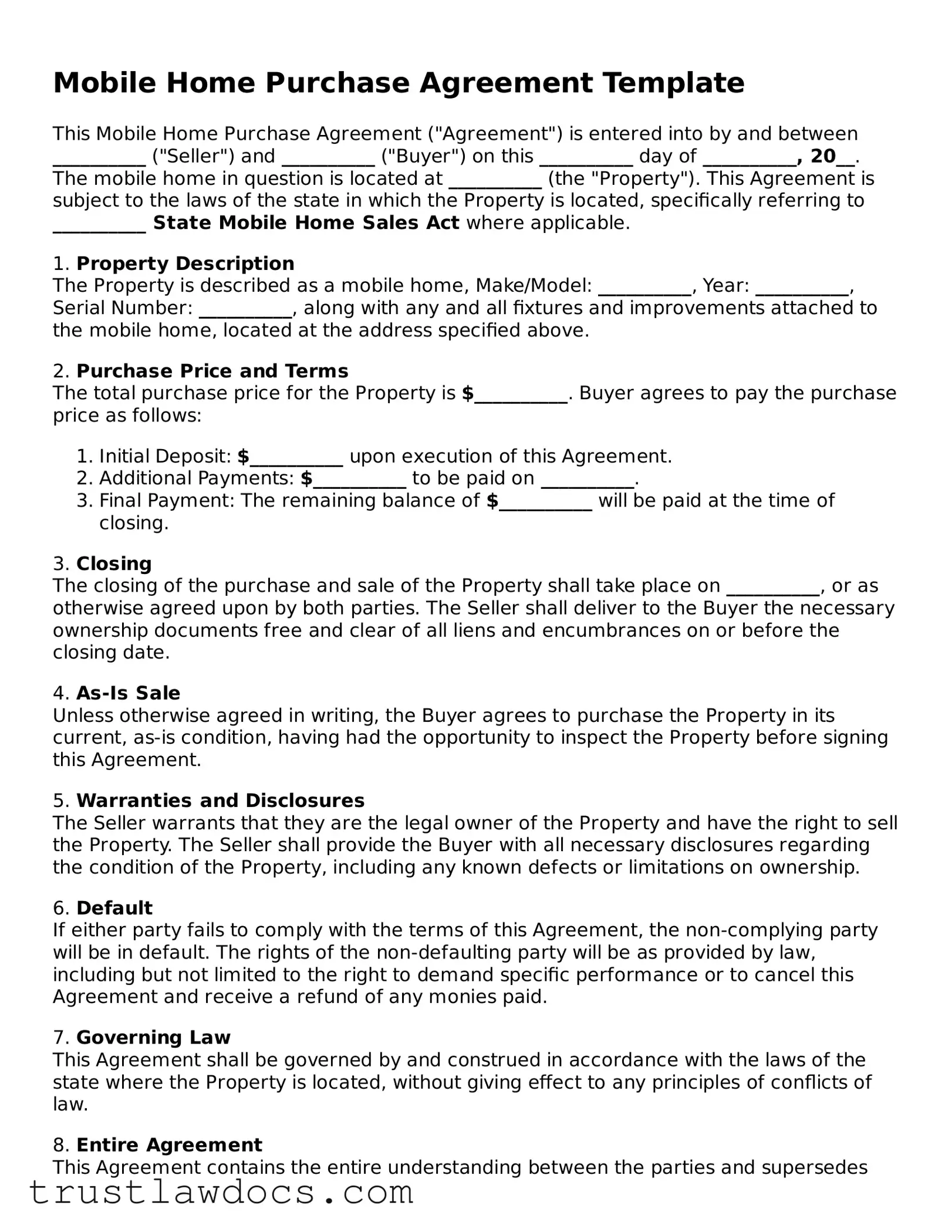 Official Mobile Home Purchase Agreement Document