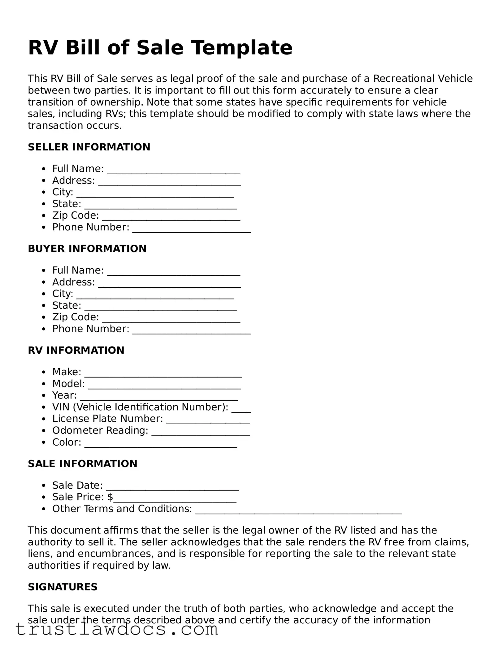 Official RV Bill of Sale Document